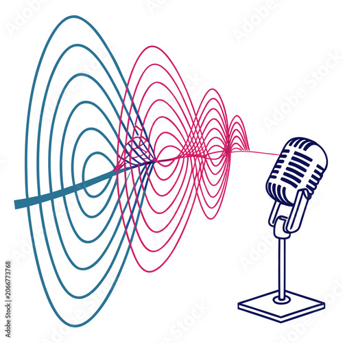 Retro Microphone with Blue and Magenta Concentric Sound Waves on Plain White Background