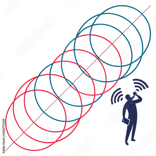 Dark Blue Person Talking on Phone with Signal Waves and Red Blue Overlapping Circle Sequence