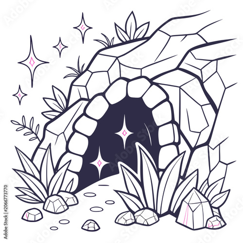 Stone Cave Entrance with Pointed Crystals and Glowing Stars with Pink Accents on White