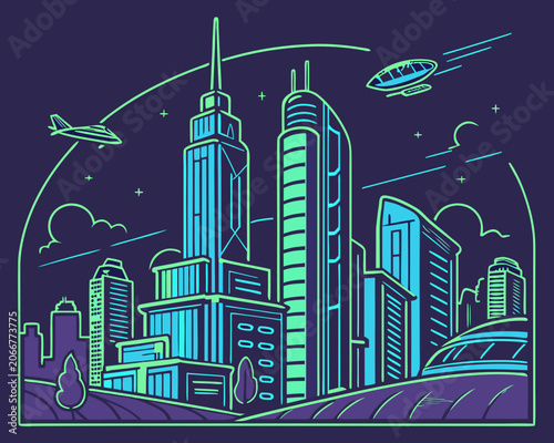 Teal and Green Line Art Skyscrapers with Flying Aircraft on a Dark Purple Night Sky Background