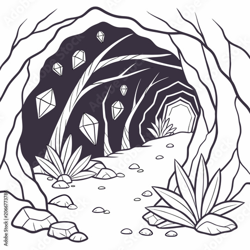 Underground Cave with Floating Diamonds and Rocks in Black and White Line Art
