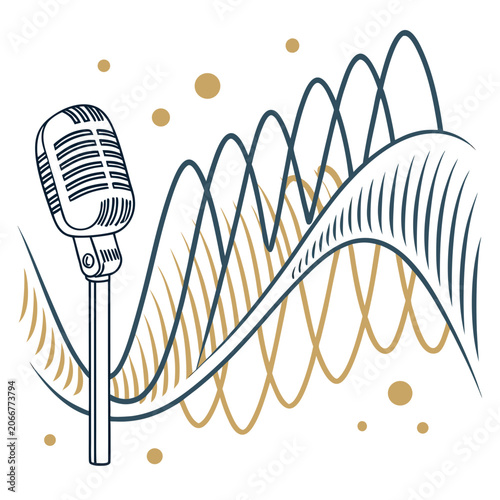 Vintage Silver Microphone with Gold and Dark Blue Sound Waves on White Background