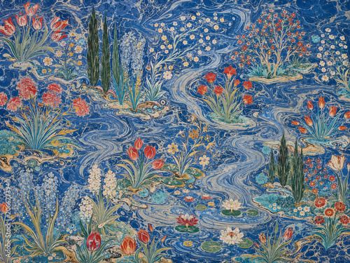 Traditional Ottoman Water Garden Art Print, Flat Ebru Marbled Painting for Wellness Luxury Decor
