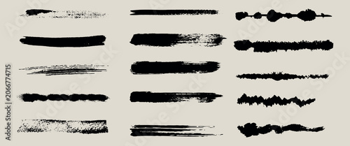 Set of hand painted gouache brush strokes and long ink lines. Grunge textures, smears, and dry brush effects. Isolated artistic black elements for borders, underlining, and creative design projects.
