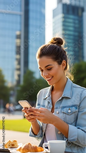 Young Woman Using Smartphone Outdoors at Cafe with Croissants and Coffee.