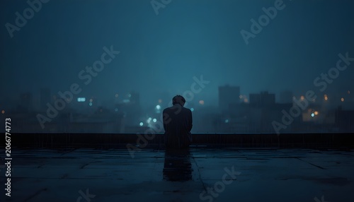 Alone in the Rain – A Lonely Soul on a Rooftop Beneath a Heavy Night Sky
