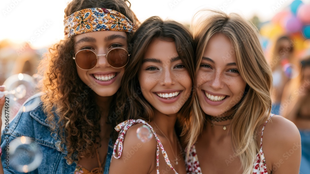 Fototapeta premium Smiling young women enjoying summer festival with friends