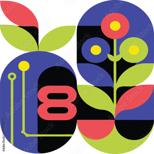 Arabic Letter calligraphy tech proved with floral post modern artistic colorful vector design silhouette style on white back