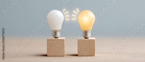 Creative Light Bulb Connection with Sparks on Wooden Blocks for Innovation