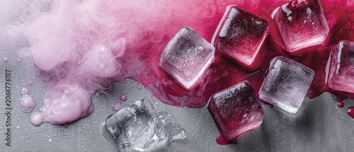 Fresh Red and Transparent Ice Cubes with Pink Smoke on Metallic Surface