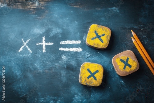 Classroom Chalkboard with Mathematical Equation and Crayons for Education