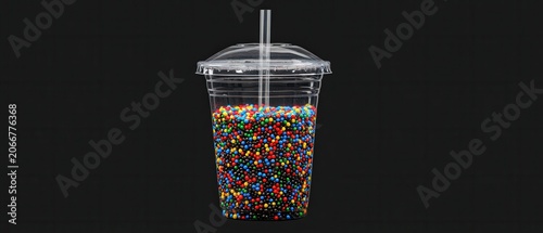Clear plastic cup filled with colorful round candy coated beads, transparent lid and straw on black background