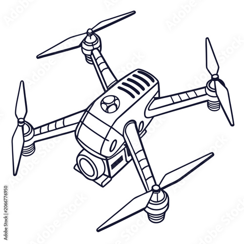 Quadcopter Drone with Camera and Four Propellers Black Outline on White