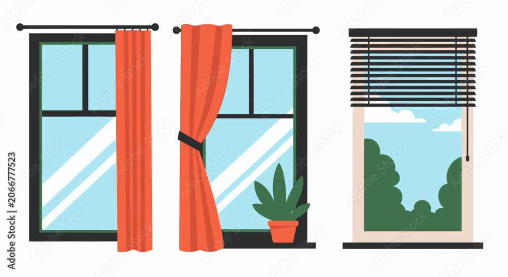 Obraz premium Window Views: Curtains, Plant, and Blinds with Outdoor Scenery