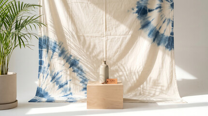 Modern Minimalist Backdrop with Natural Muslin and Blue Tie-Dye Patterns