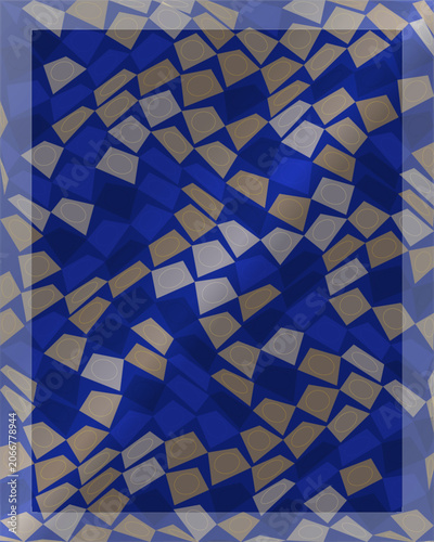 Pattern of distorted blue square cells with glowing yellow ring outlines on dark design.