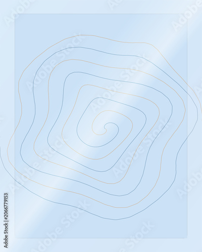 Swirling abstract lines in blue and orange on light blue background.