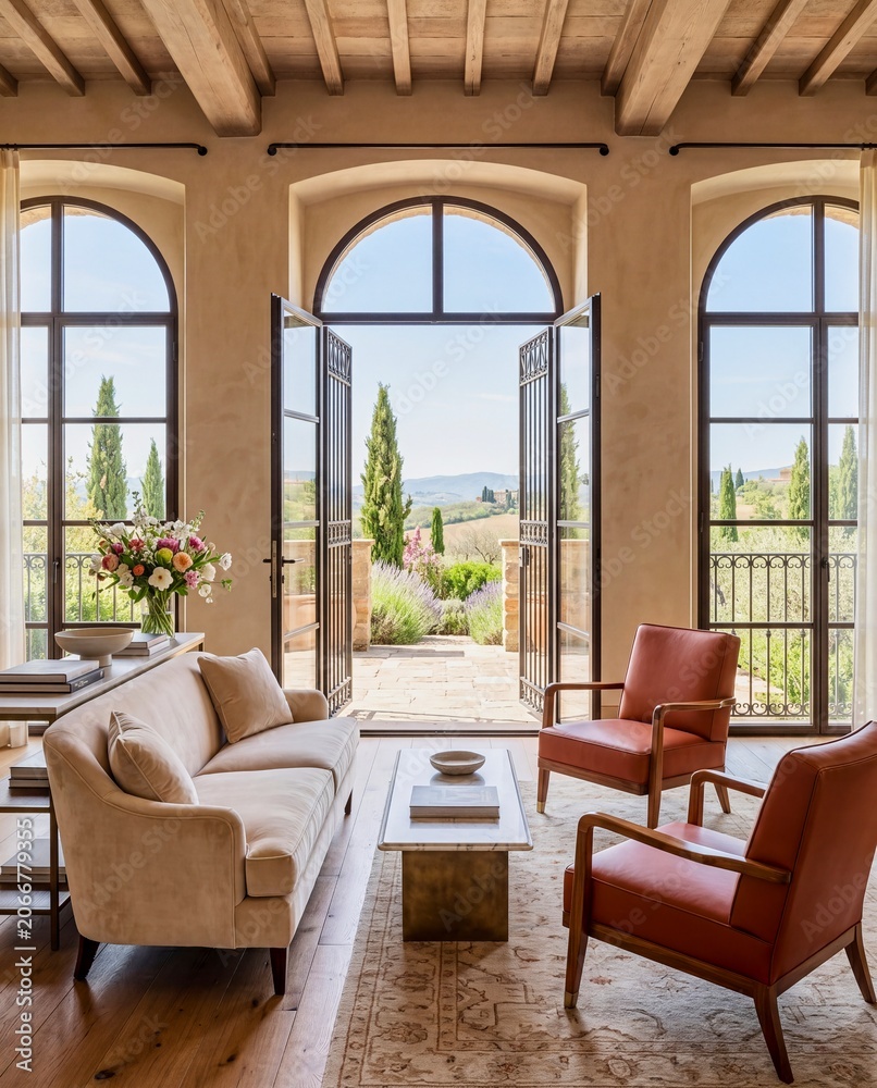 Fototapeta premium Boutique sunlit guest accommodation with terrace view for luxury accommodation promotion