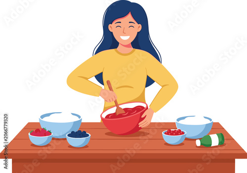 Smiling young woman baking in kitchen vector illustration featuring happy female character mixing ingredients in a bowl