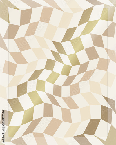 Warped square grid background with rhombus shapes and subtle circles in beige tones.