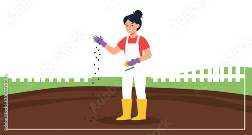 Smiling woman planting seeds in garden vector illustration featuring female character sowing soil in yard with white fence
