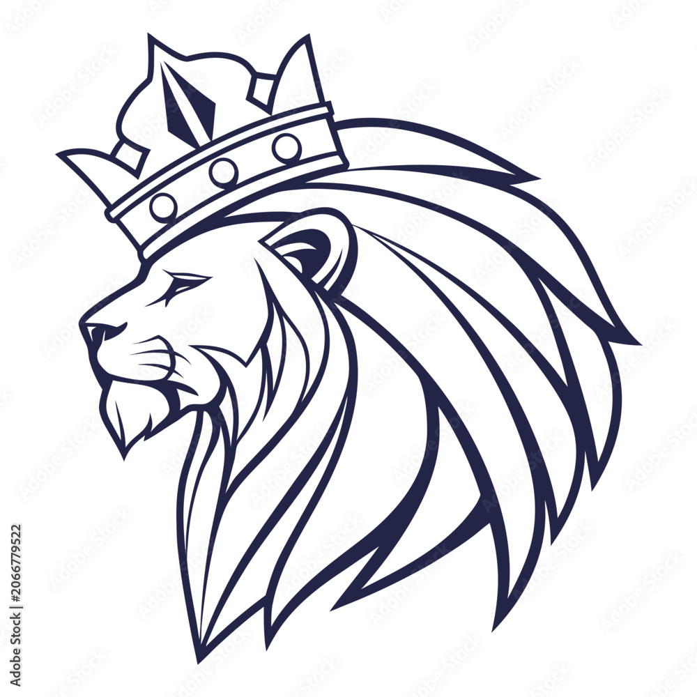 Obraz premium Navy Blue Lion Head Wearing a Crown with Flowing Mane in Profile on White
