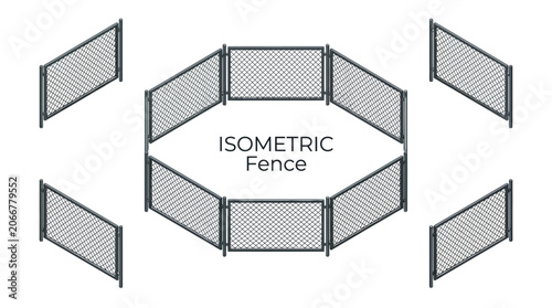Detailed isometric vector illustration showing a modular chain link fence design for architectural site planning