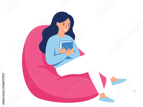 Sad young woman sitting in bean bag chair vector illustration featuring lonely female character holding book close