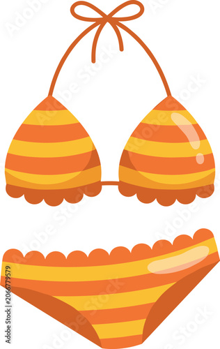 Orange and yellow striped bikini vector illustration featuring cute two piece swimsuit with frills isolated on white background