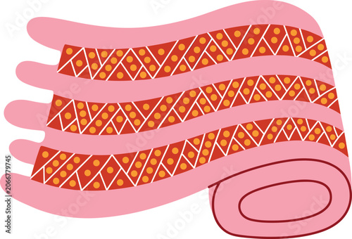 Elegant rolled pink fabric vector illustration featuring traditional ethnic pattern textile or cozy winter scarf isolated graphic