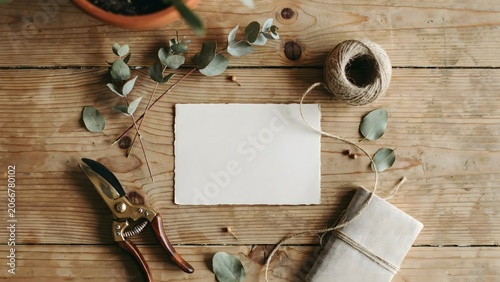 Florist worktable mockup with blank card – Perfect for flower shop promotions, greeting card mockups, or wedding planning blogs.