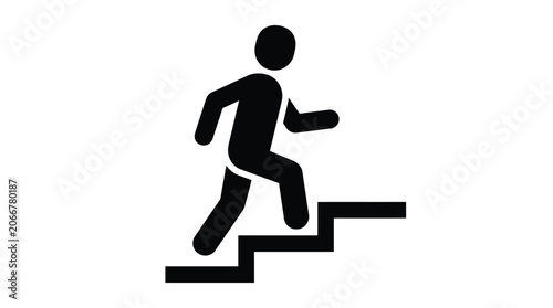 Minimalist black vector illustration featuring a human silhouette climbing up a set of concrete stairs