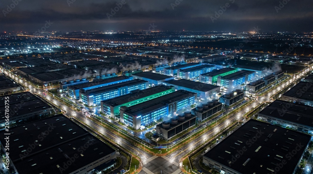 Fototapeta premium Aerial Night View of a Large Modern Data Center and Tech Infrastructure Complex with Neon Glow – High-Tech Server Farm and Digital Storage Facility