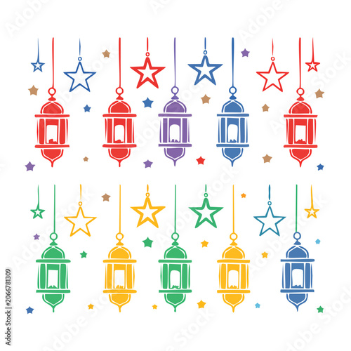 Colorful hanging Ramadan lanterns and stars