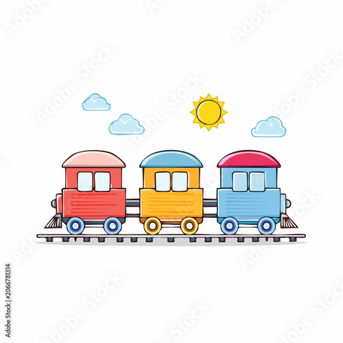 Colorful toy train illustration with sun and clouds