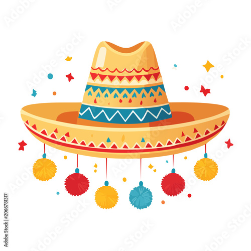 Colorful Sombrero with Pom-Poms and Confetti