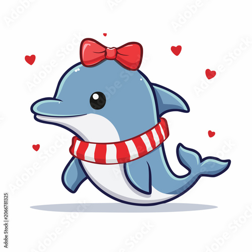 Cute cartoon dolphin with red bow and scarf, surrounded by hearts