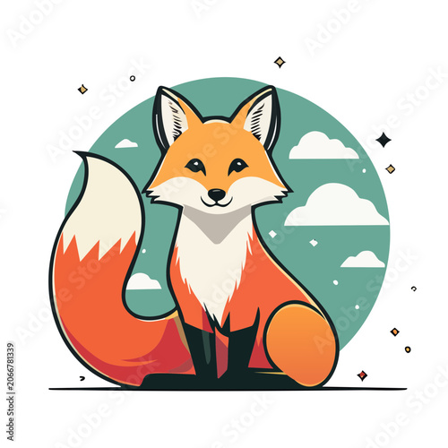 Cute cartoon fox illustration with clouds and stars