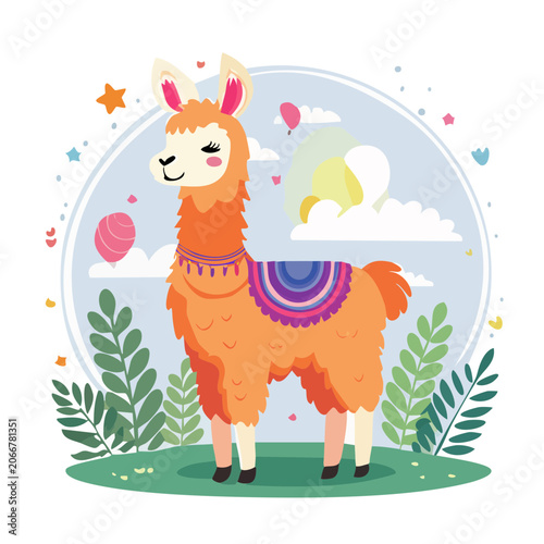 Cute orange llama illustration with colorful saddle and festive