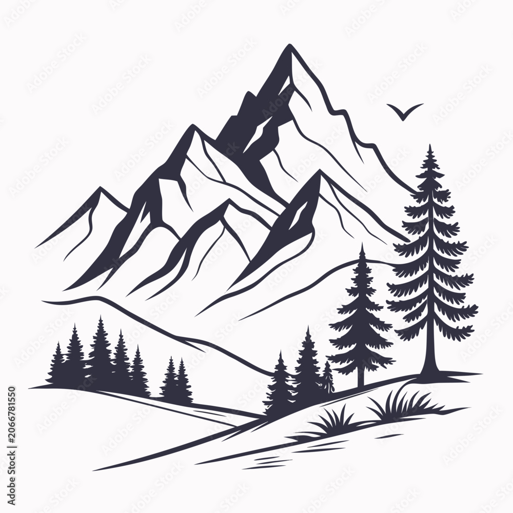 Fototapeta premium Sharp Mountain Peaks and Pine Trees with Single Bird Flying in Black on White Background