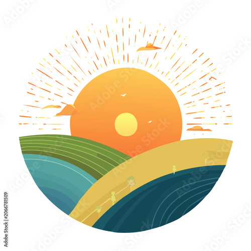 Sunrise over rolling hills with sun rays and clouds