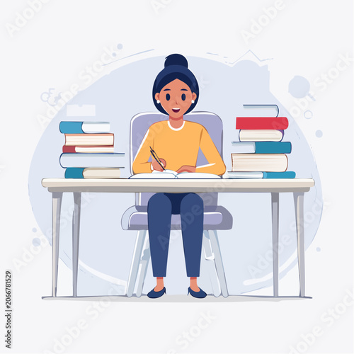 Woman studying and writing at a desk with books