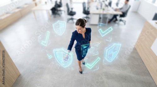 Thematic composition depicting model with holographic shield icons with artistic flair