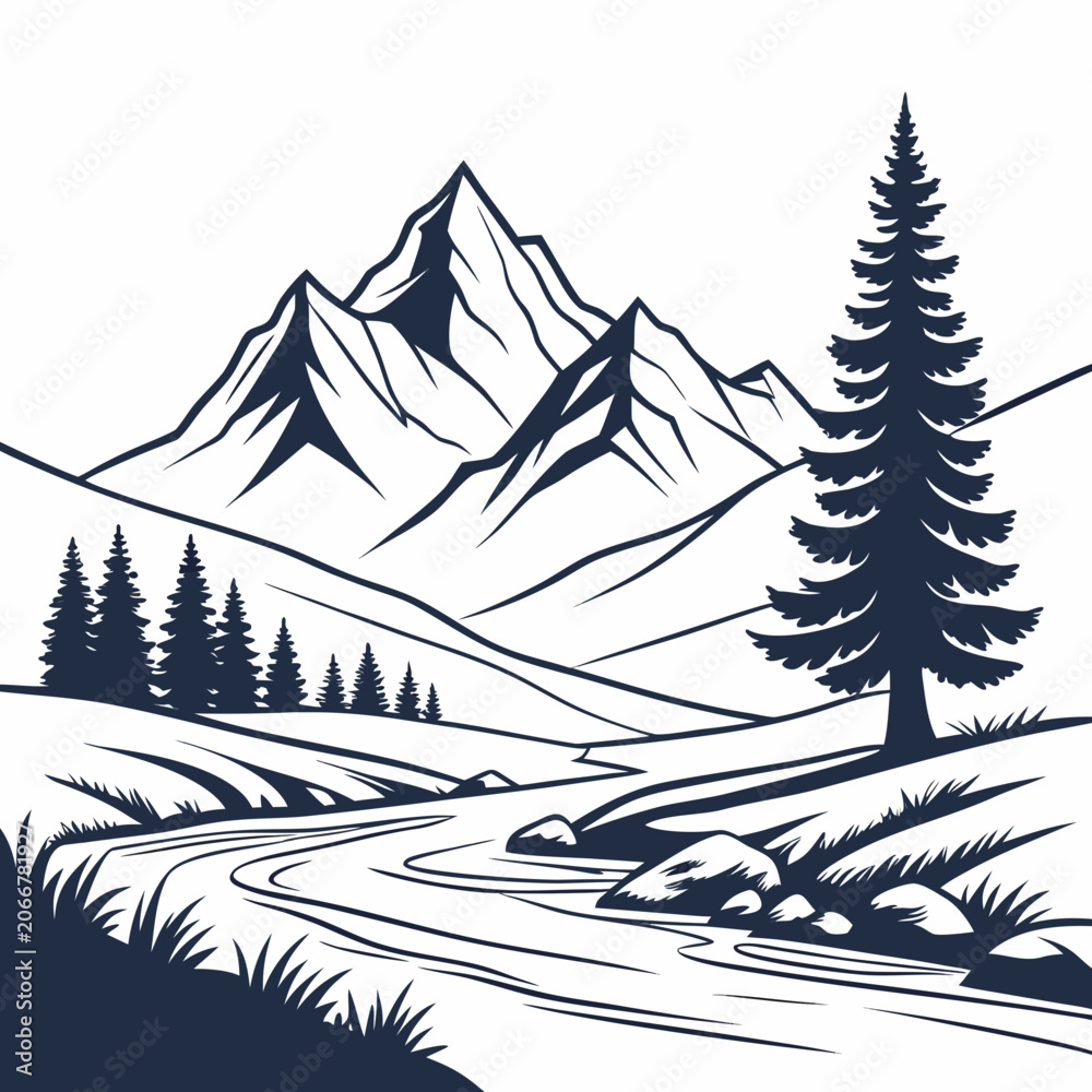 Fototapeta premium Pointed Mountain Range with Pine Trees and Winding River in Navy Blue and White Landscape