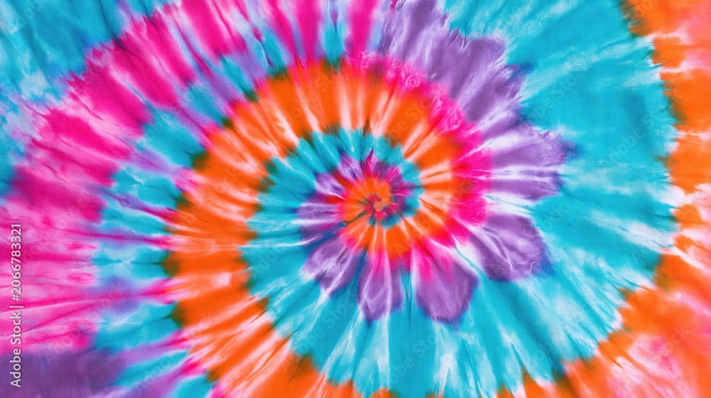 Obraz premium Vibrant tie dye spiral background with pink, orange, turquoise, purple, and blue textile pattern.