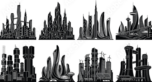 Photos Futuristic city skyline silhouette vector set featuring modern skyscrapers eco b