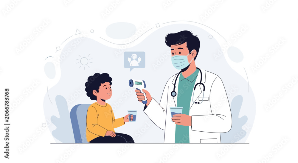 Fototapeta premium Doctor checks child's temperature with infrared thermometer during medical examination, flat vector illustration.