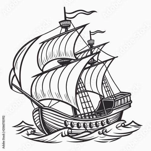 Картината върху платно Wooden Sailing Ship with Large Sails on Stylized Sea Waves Black Ink White Backg