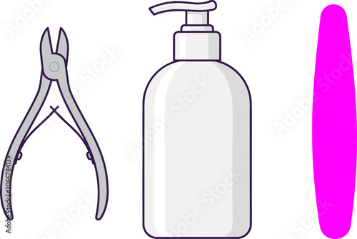 Obraz na plátne Manicure and Pedicure Nail Care Tools Icon Set with Cuticle Nipper, White Lotion