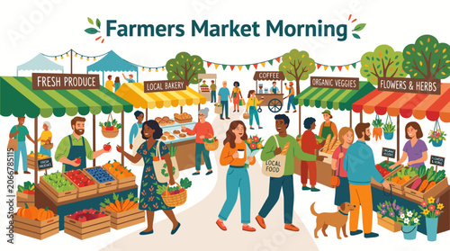 Flat vector illustration of a vibrant farmers market morning with people shopping for fresh produce flowers and baked goods